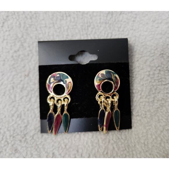 Vintage Gold Tone Swirl Dream Catcher Earrings Acrylic Maroon Dangle - Picture 2 of 8